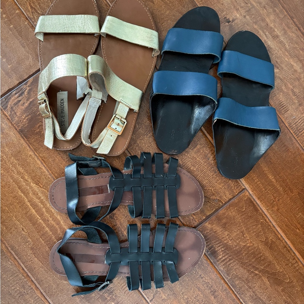 Women’s leather Sandals (3 pairs) 2 Steve Madden (gold & black) & BDG blue